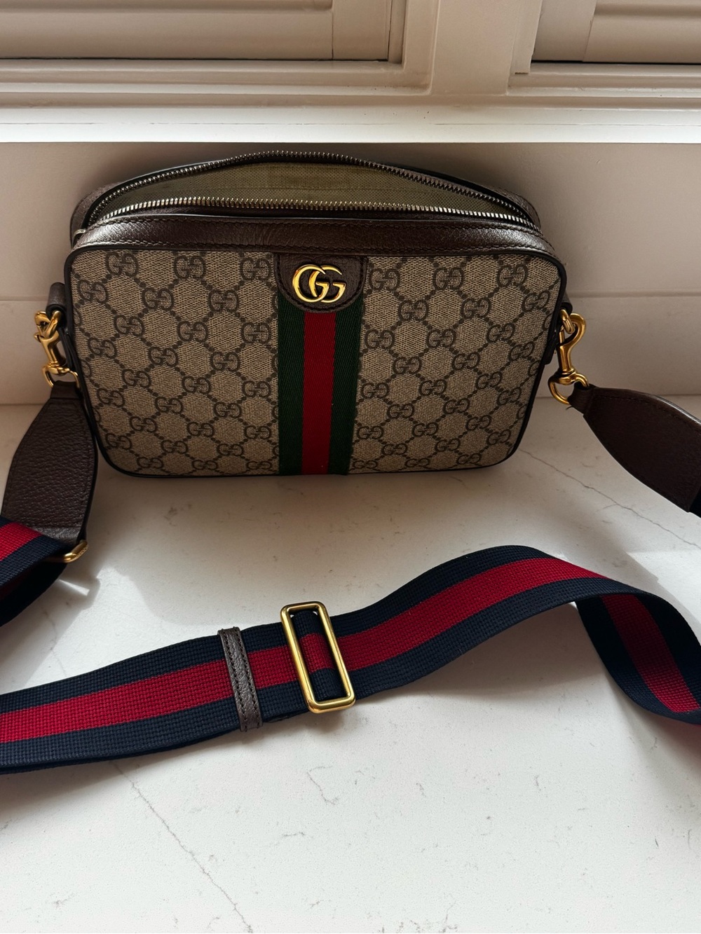Gucci Beige GG Supreme Canvas Messenger Bag with Green-Red Web Stripe